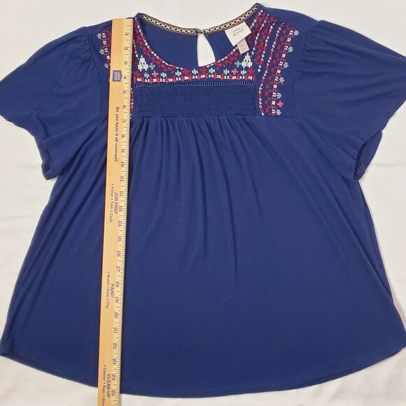 Knox Rose Top XL Blue Smocked Embroidered Flutter Relaxed Tunic Womens Sz Shirt - Picture 2 of 5